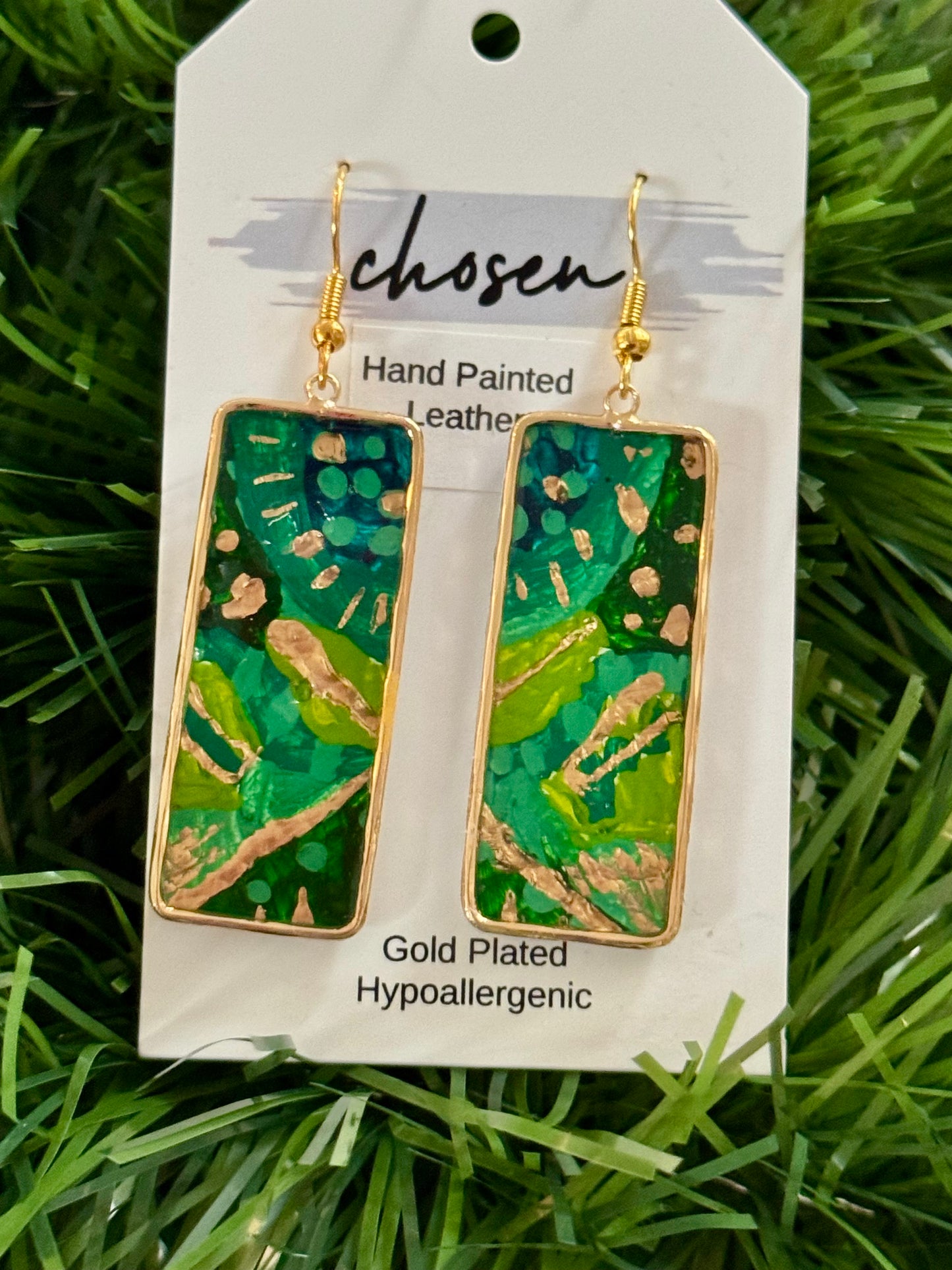 Green Goddess Hand Painted Leather Earrings