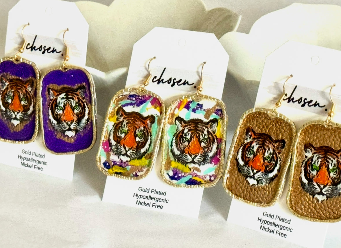 Tiger Town Collection Hand Painted Leather Earrings