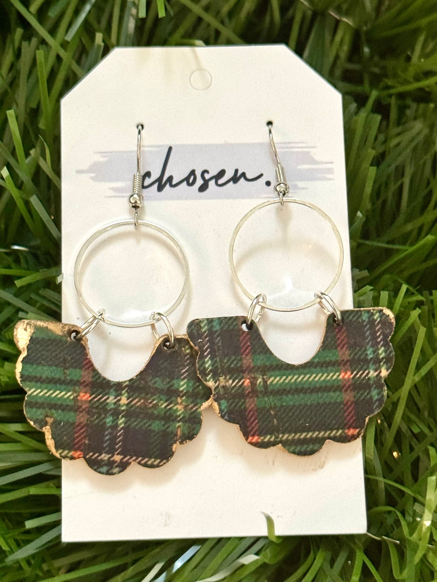 Green Tartan Plaid Leather Earrings