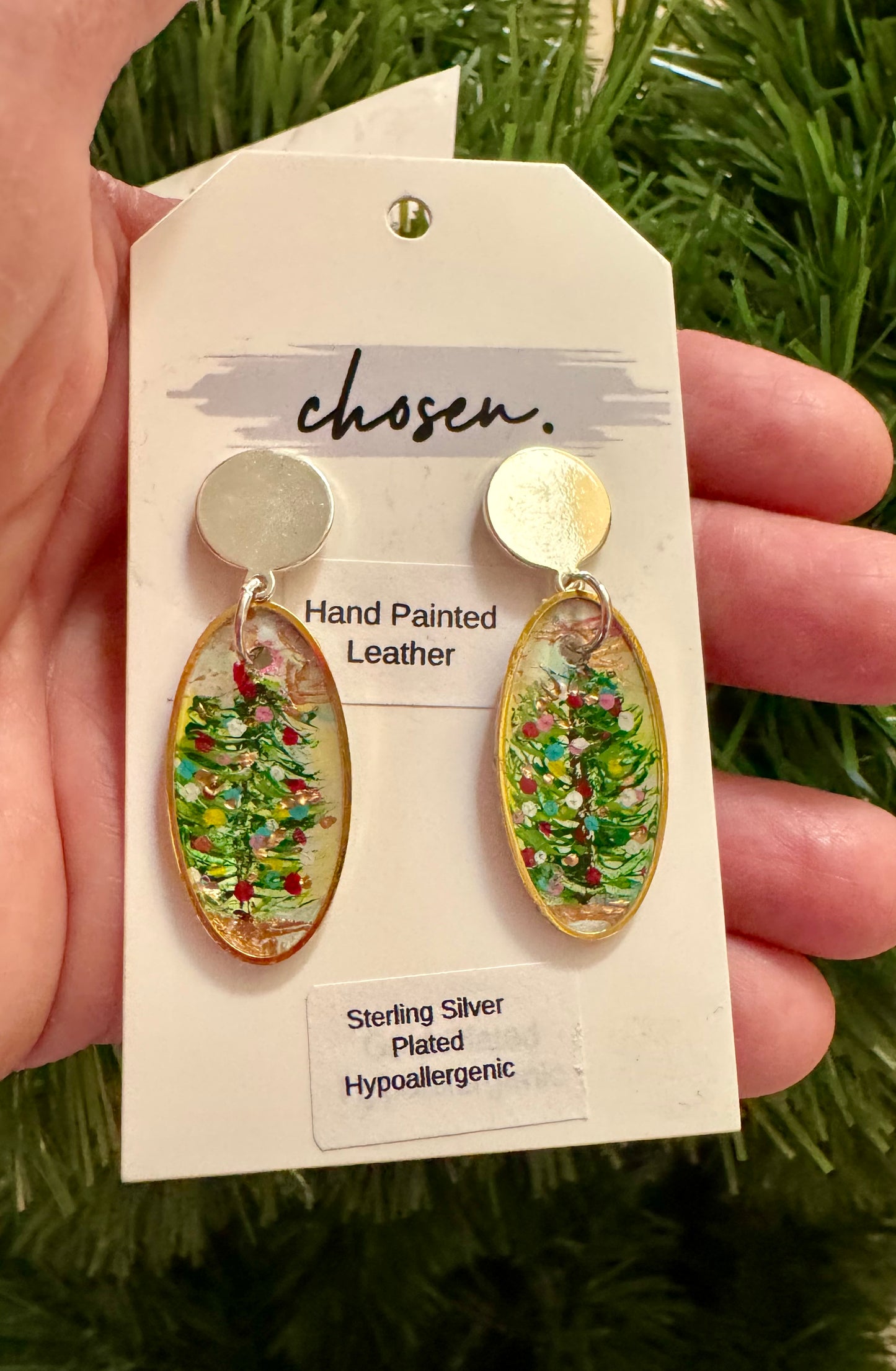 Tiny Christmas Tree Farm Hand Painted Leather Earrings