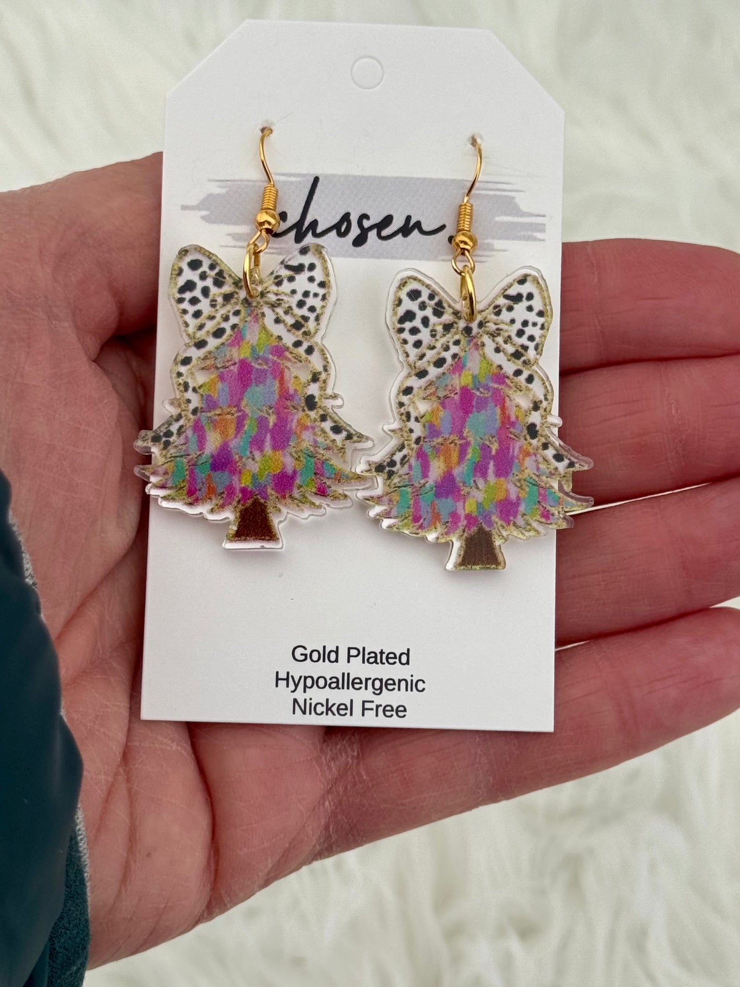 Polka Dot Bow Tree Acrylic Earrings