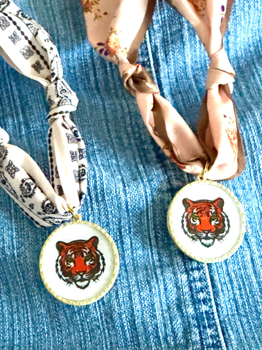 Tiger Hand Painted Leather Pendant Scarf Necklace Collection