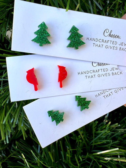 Cardinal in a Christmas Tree Stud Collection