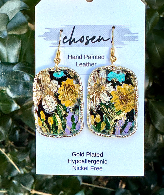 Midnight Bloom Hand Painted Leather Earrings