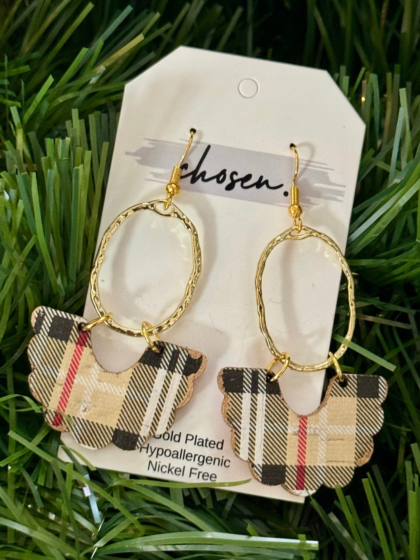 Neutral Tartan Plaid Leather Earrings