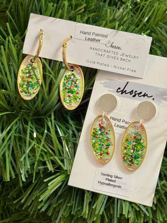 Tiny Christmas Tree Farm Hand Painted Leather Earrings
