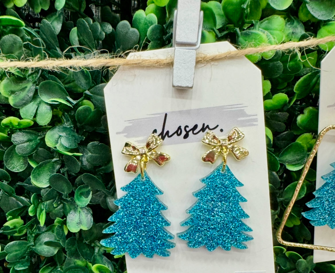 Blue Shimmery Christmas Tree Acrylic Earrings