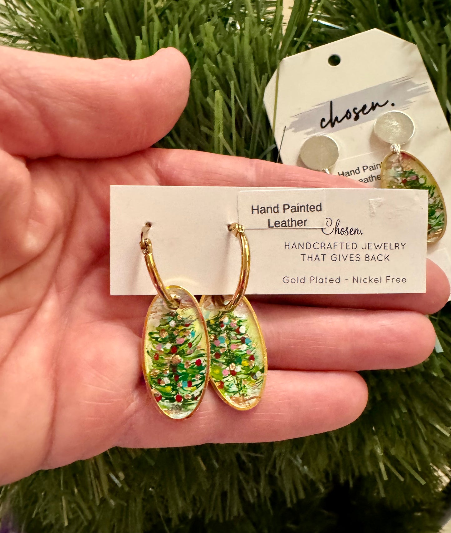 Tiny Christmas Tree Farm Hand Painted Leather Earrings