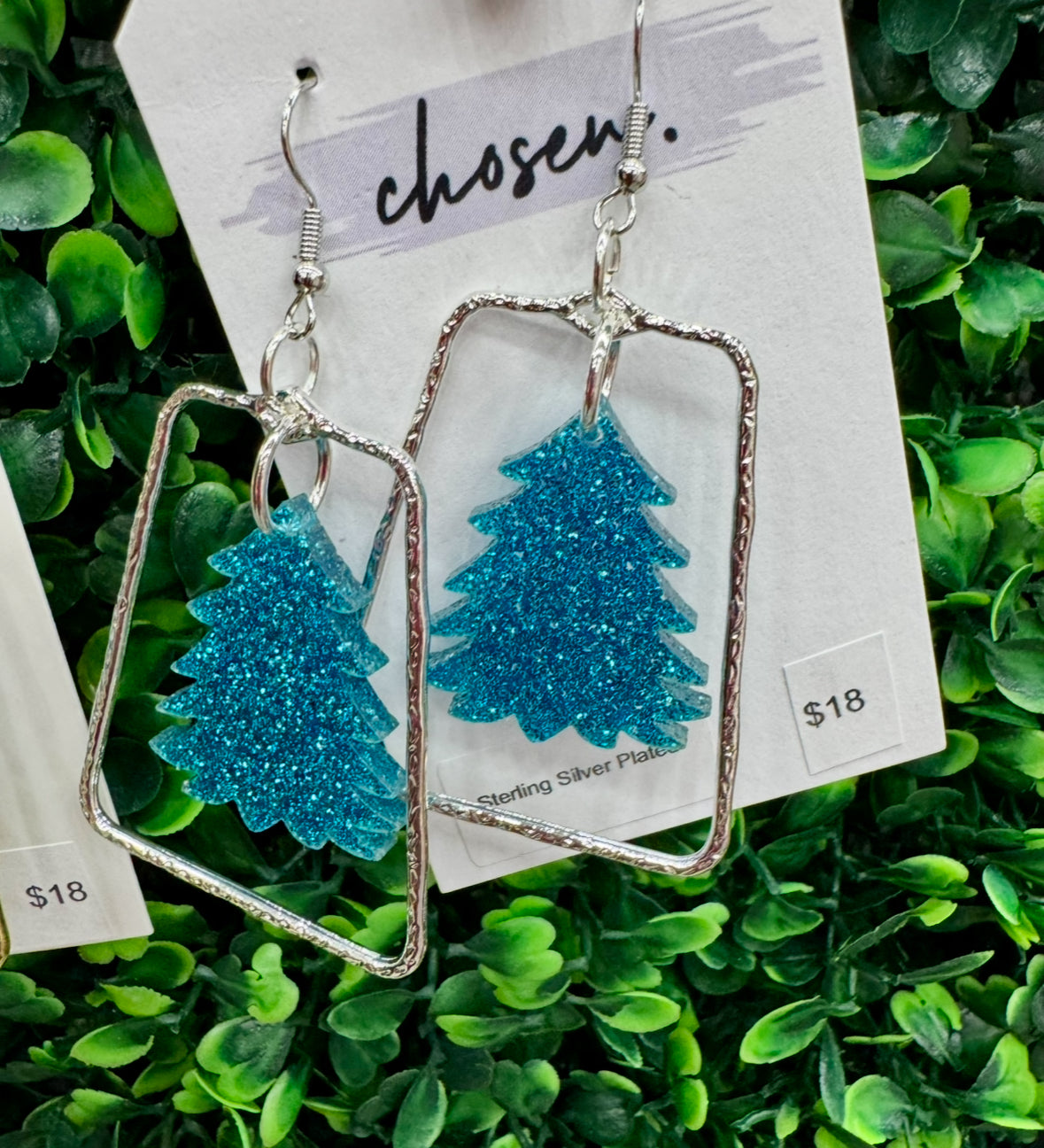 Blue Shimmery Christmas Tree Acrylic Earrings