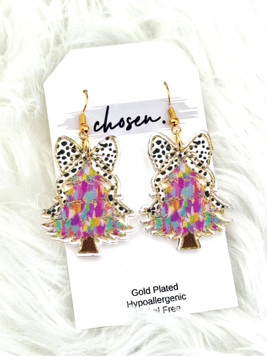 Polka Dot Bow Tree Acrylic Earrings