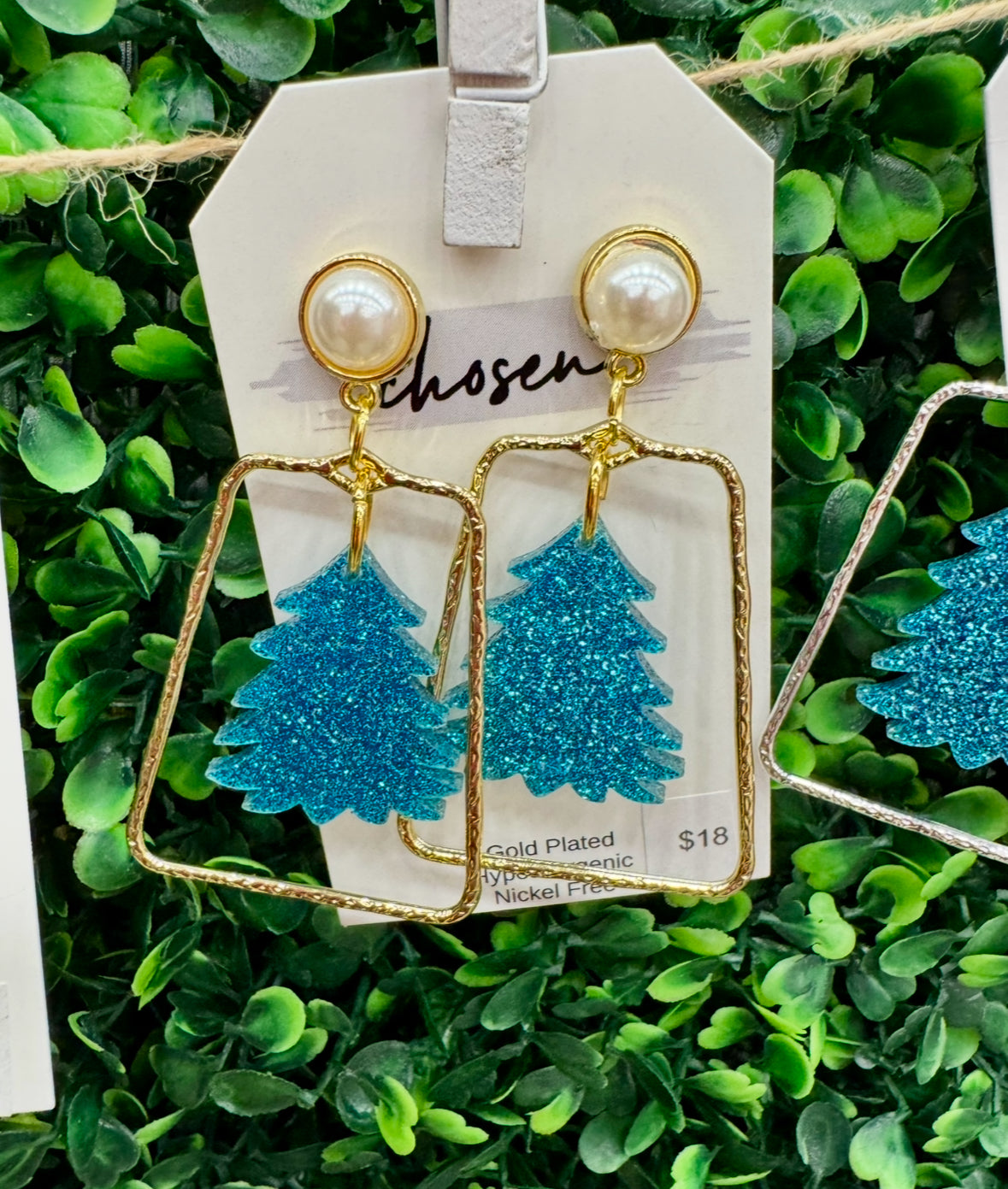 Blue Shimmery Christmas Tree Acrylic Earrings