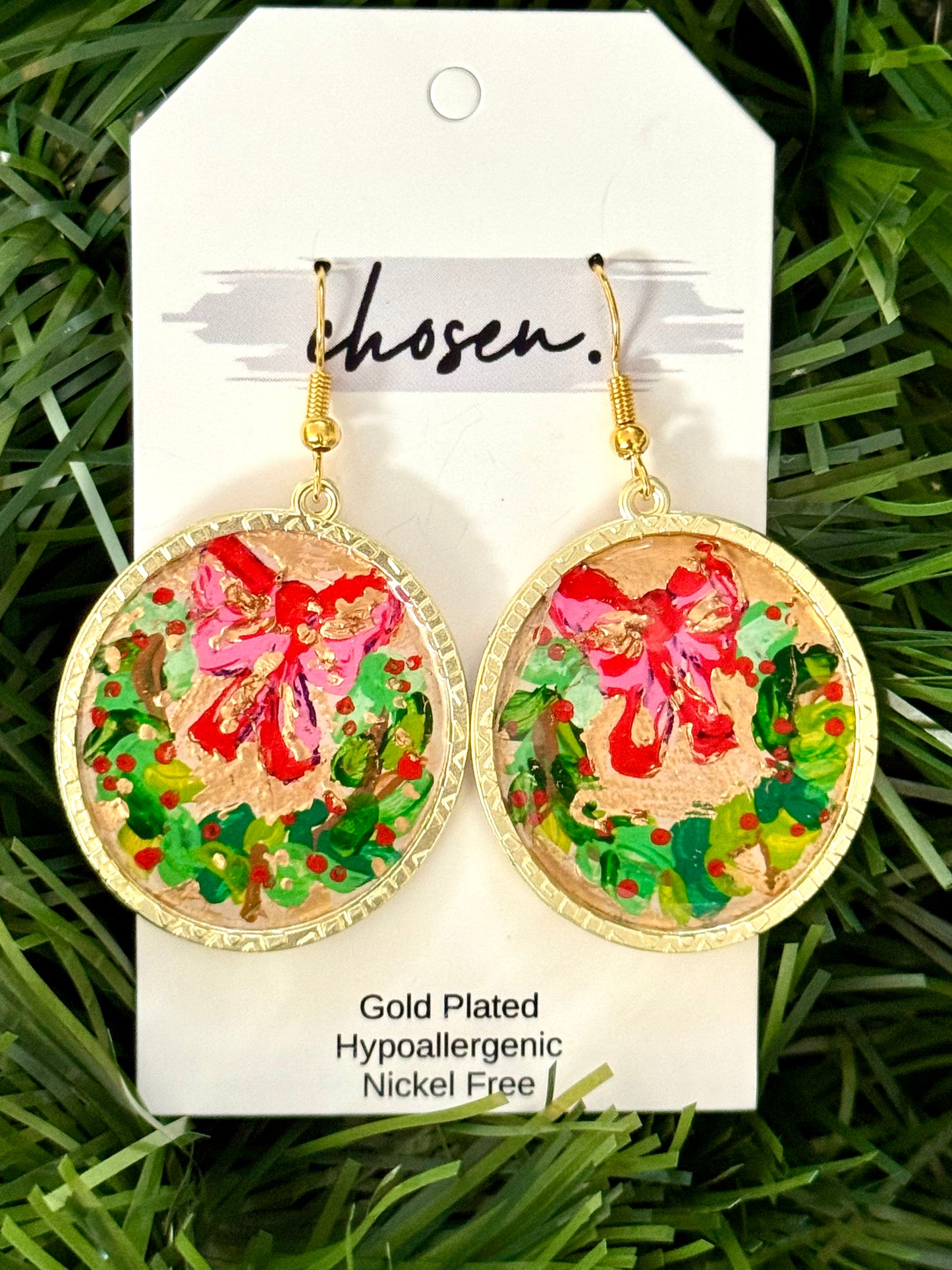 Welcome Wreath Hand Painted Leather Earrings