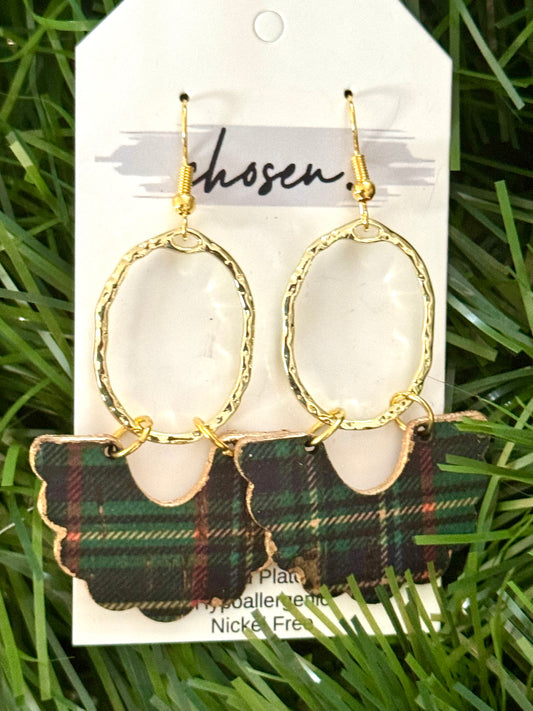 Green Tartan Plaid Leather Earrings