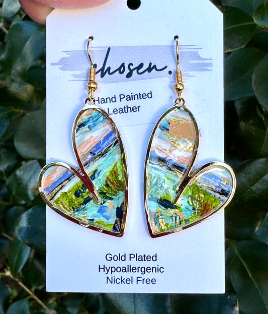 Kiawah Heart Hand Painted Leather Earrings