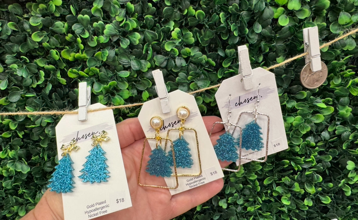 Blue Shimmery Christmas Tree Acrylic Earrings