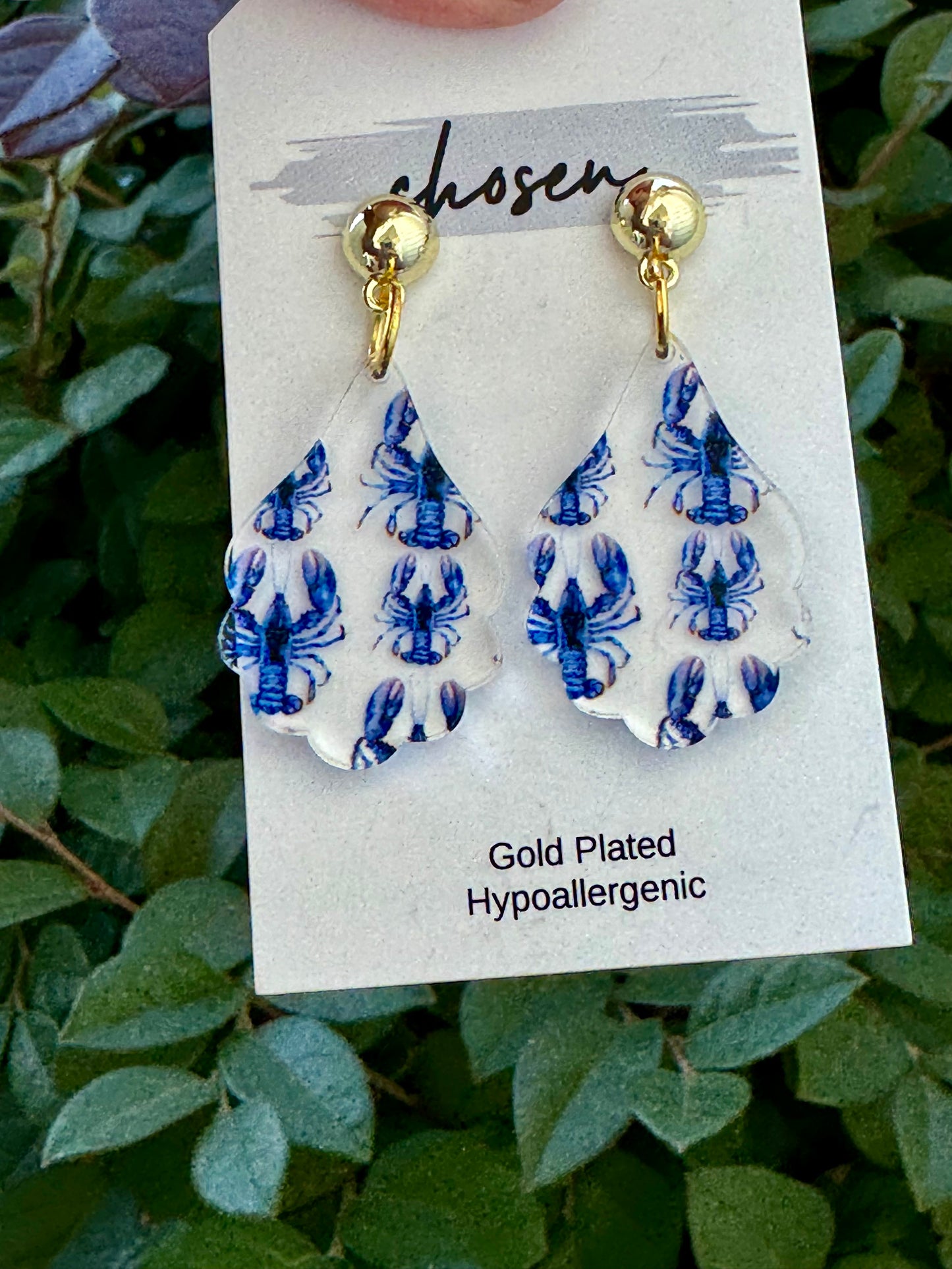 Blue Willow Lobster Earrings