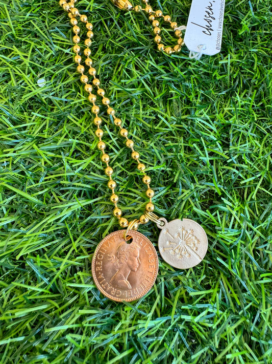 Dandelion Wish Vintage Queen Elizabeth Coin Necklace