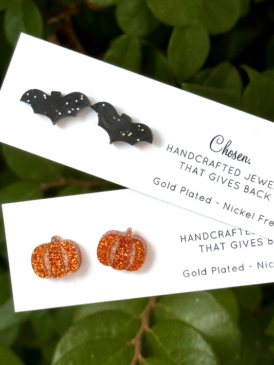 Spooky Bat and Pumpkin Gold Plated Stud Earrings