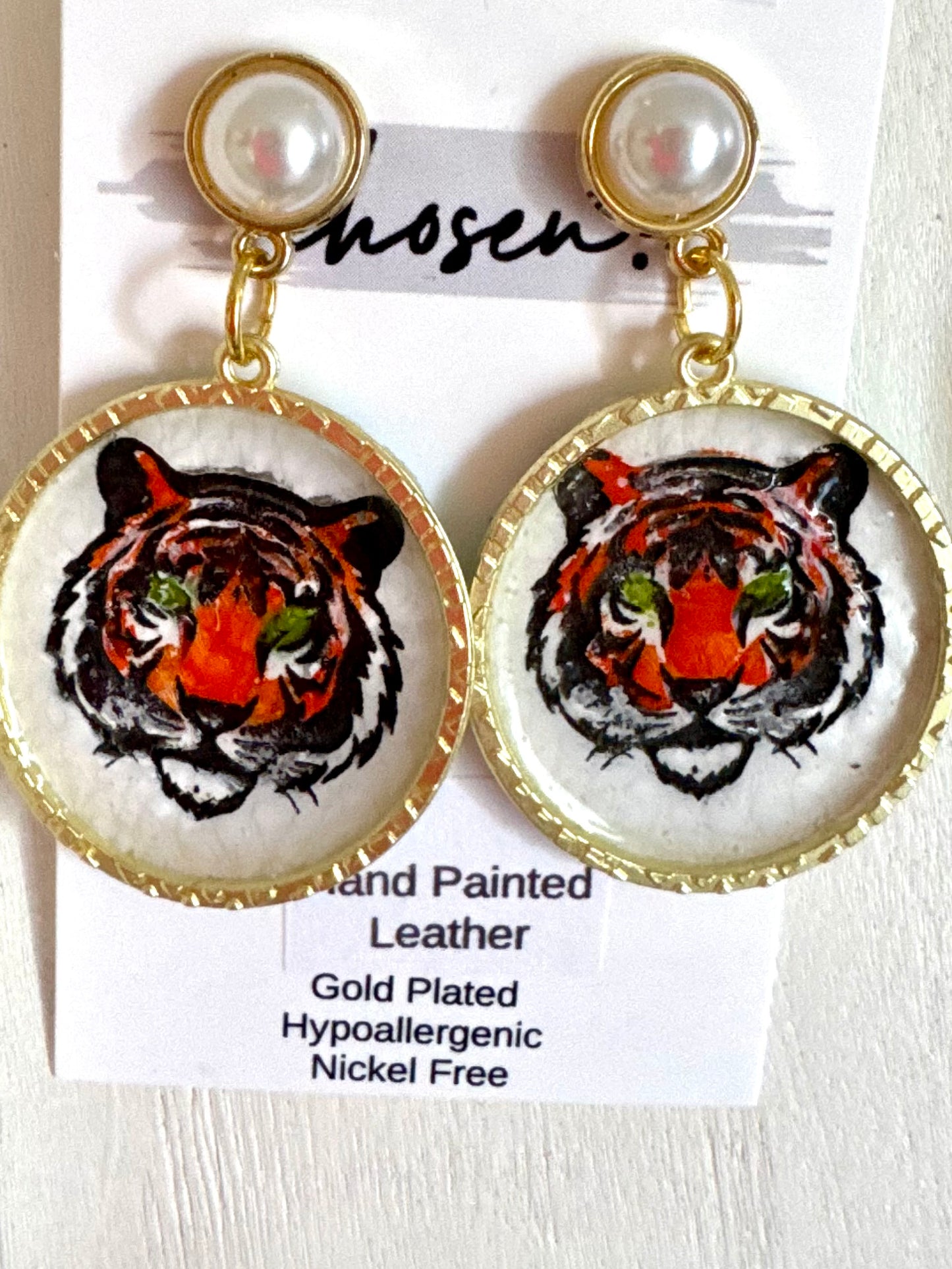 Pearly Tiger Hand Painted Leather Earrings