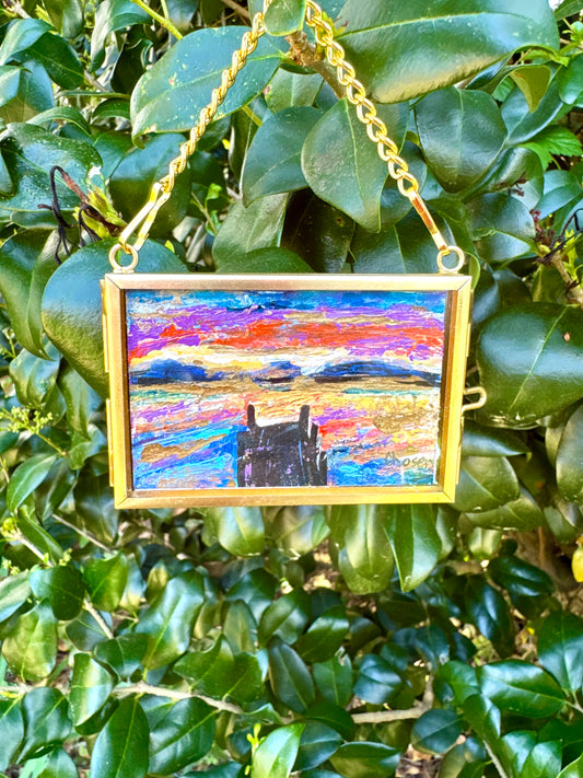 "Clemson Sunset at the Lake" Original Framed 3x2" Acrylic Painting