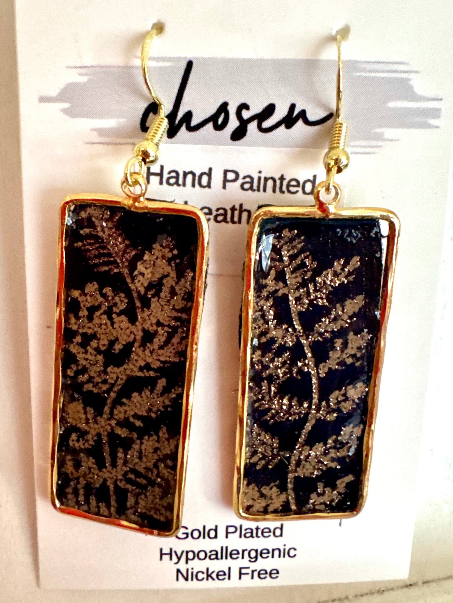 Gold on Navy Fern Hand Painted Leather Earrings